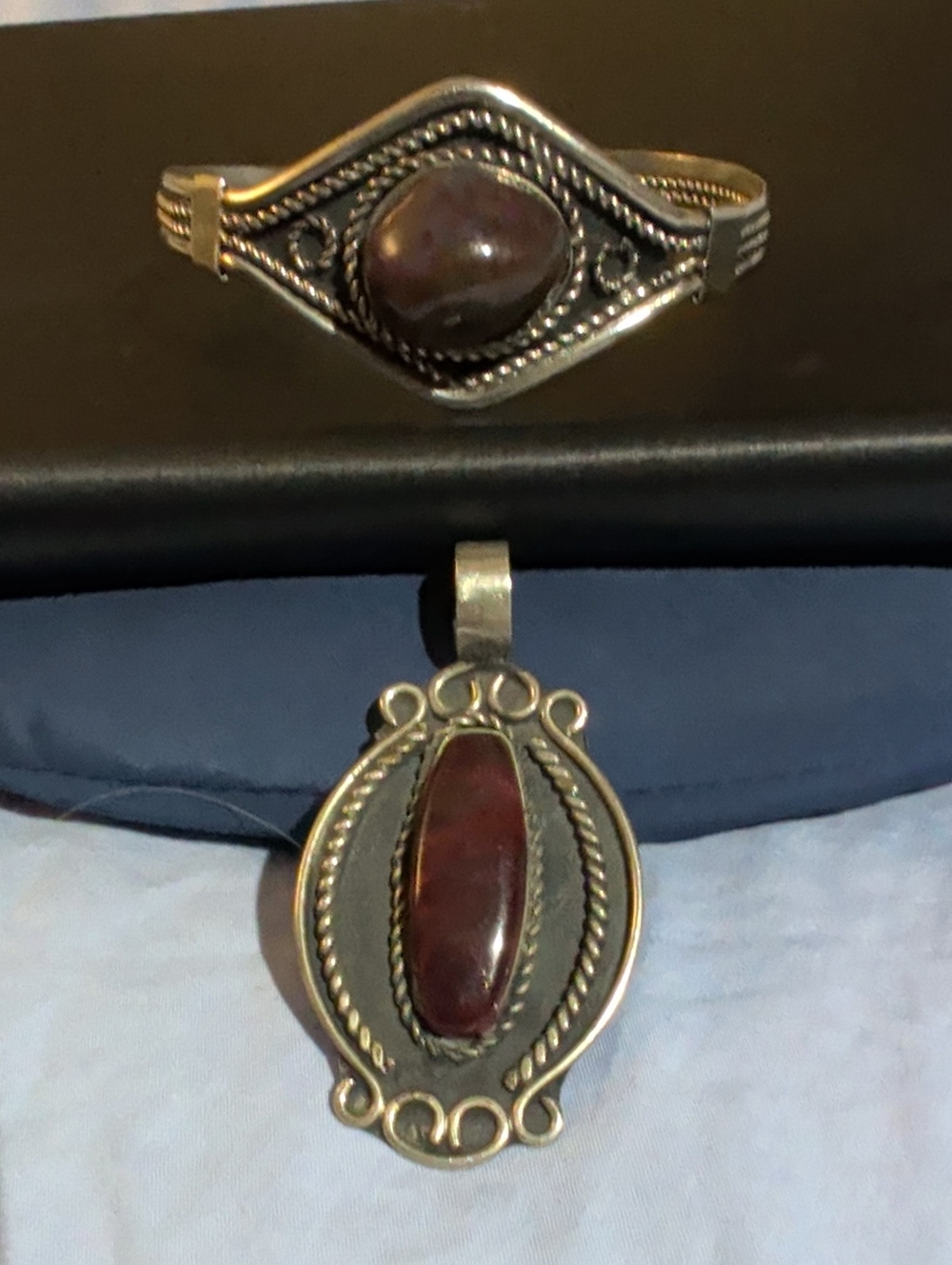 Antique Sterling Silver Red Jasper Pendant and Bracelet Set Not Marked